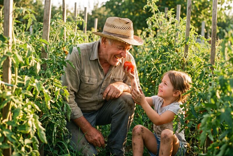 A grandfather laughing with his granddaughter in the vegetable garden (an illustration)