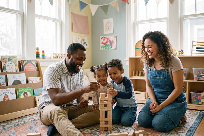 A father and his two children building with blocks at a learning center (an illustration)