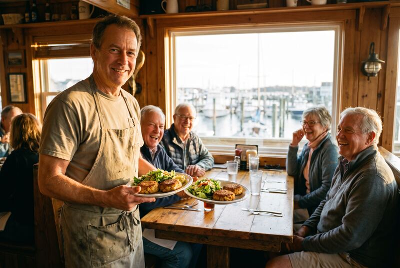 A restaurant owner bringing plates of crab cakes to a table of happy friends (an illustration)