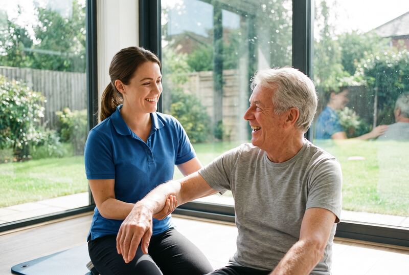 A physical therapist helping a smiling older man with a stretching exercise (an illustration)