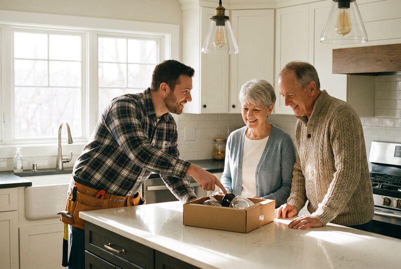 An electrician explaining a new light fixture to a smiling couple in their kitchen (an illustration)
