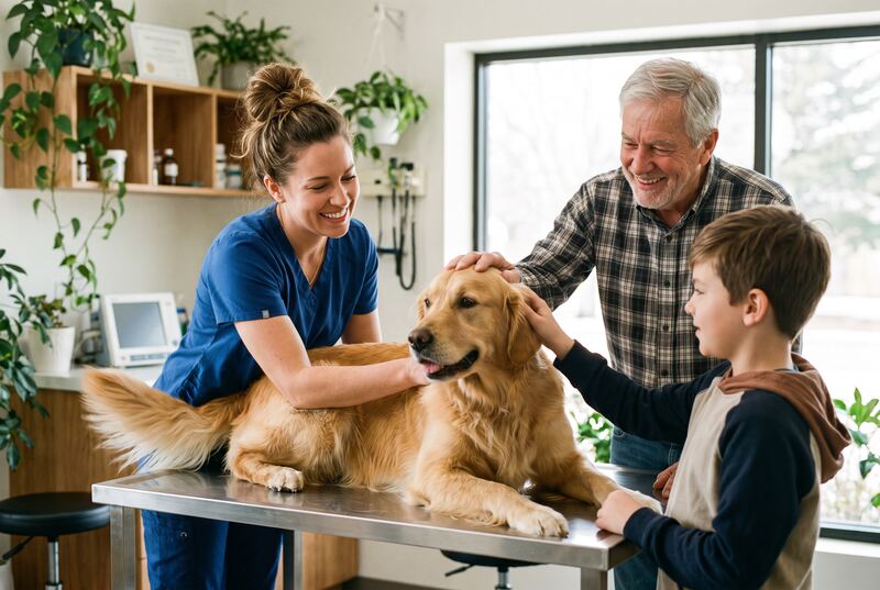 A veterinarian examining a happy golden retriever with its owners (an illustration)